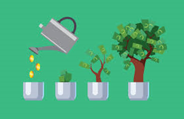 Watering can over pots growing into tree of money.